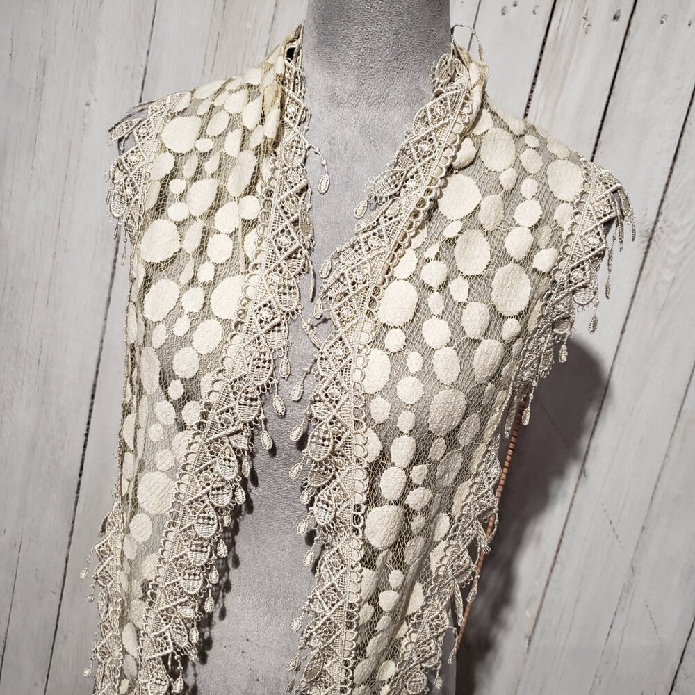 Women's Scarf Cream Beige Fringe Sheer Mesh Lace Cottage Boho Coastal Coquette - Picture 3 of 7